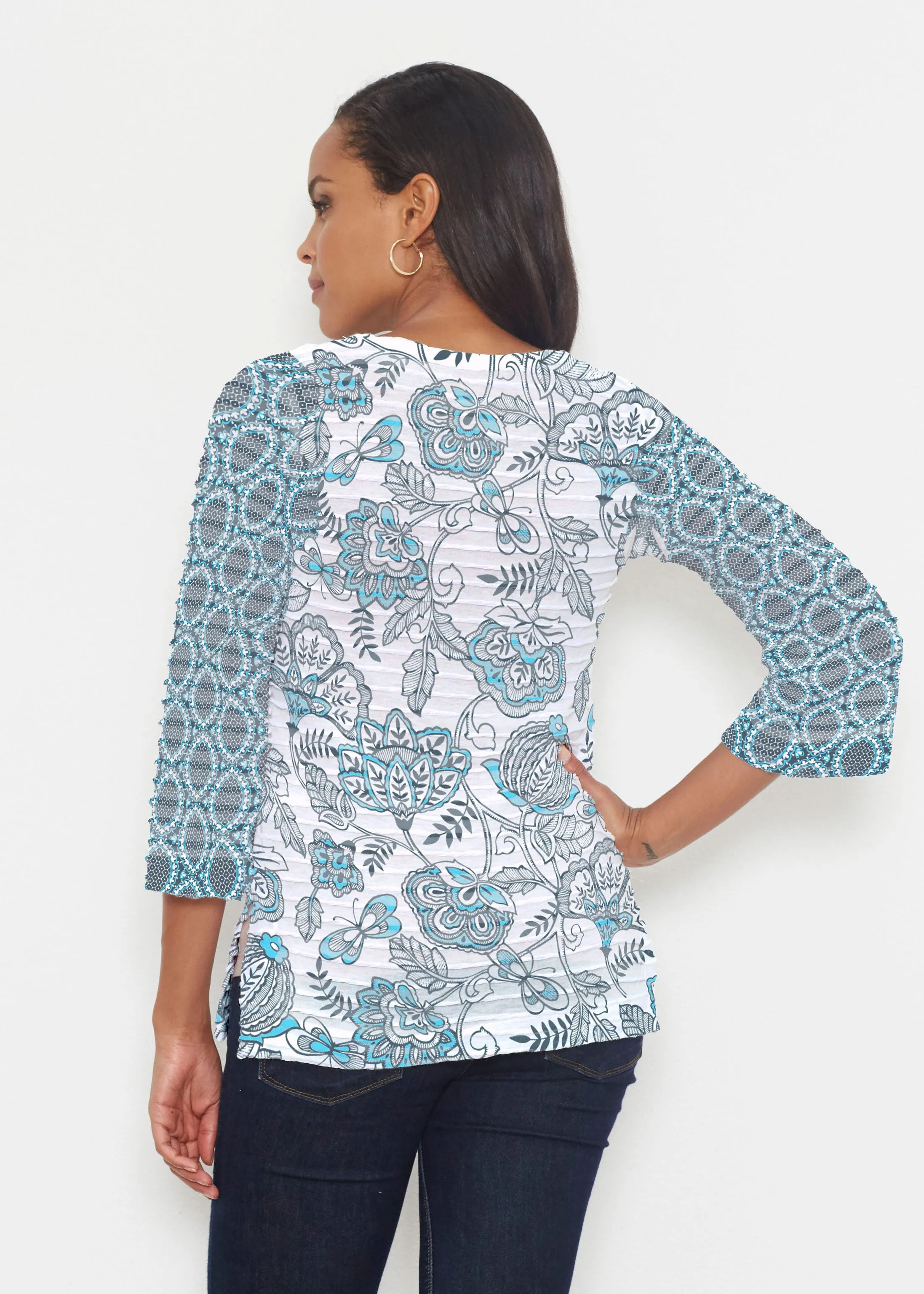 Namaste Floral (13366) ~ Banded 3/4 Bell-Sleeve V-Neck Tunic