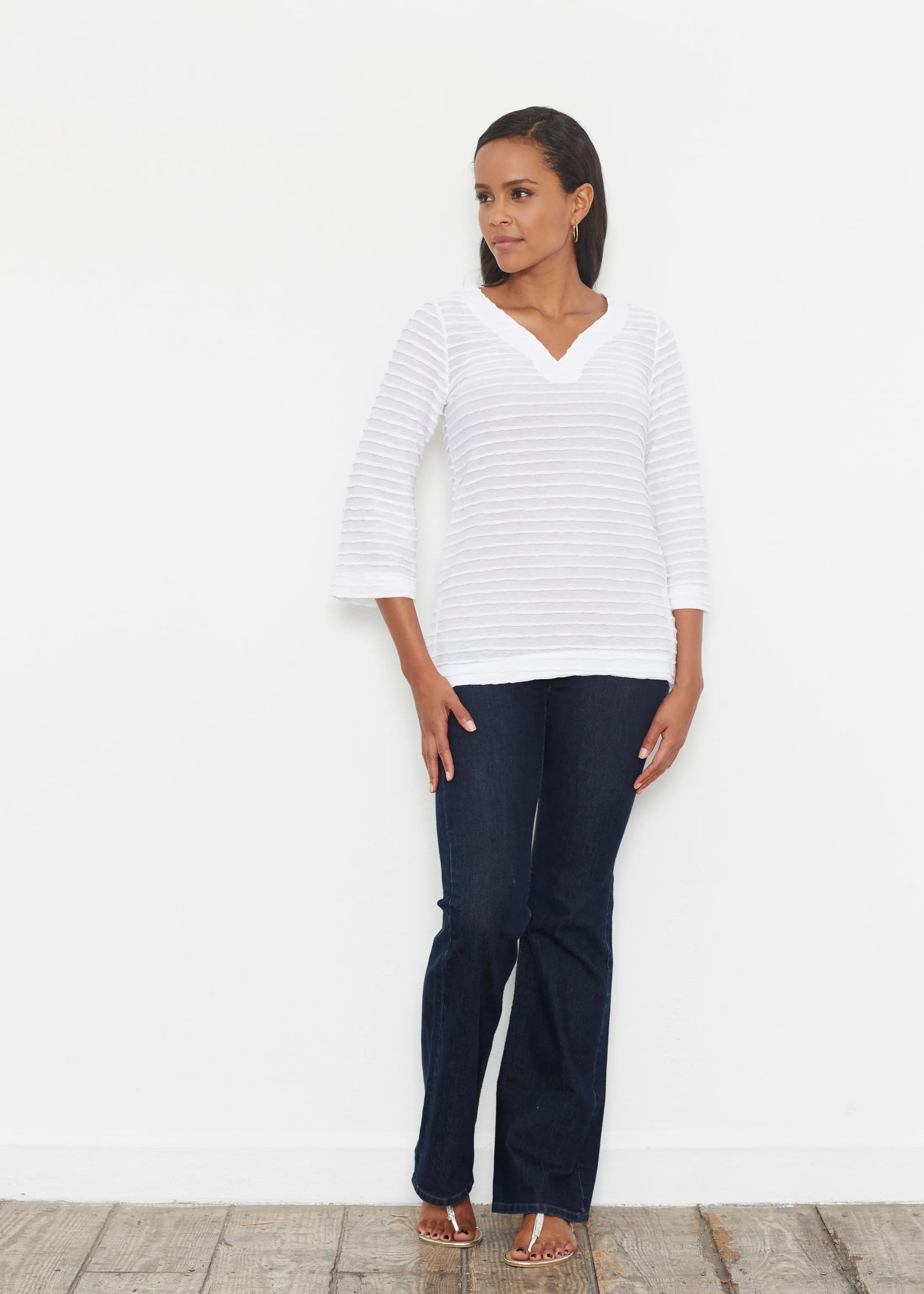 Natural White (5555) ~ Banded 3/4 Bell-Sleeve V-Neck Tunic
