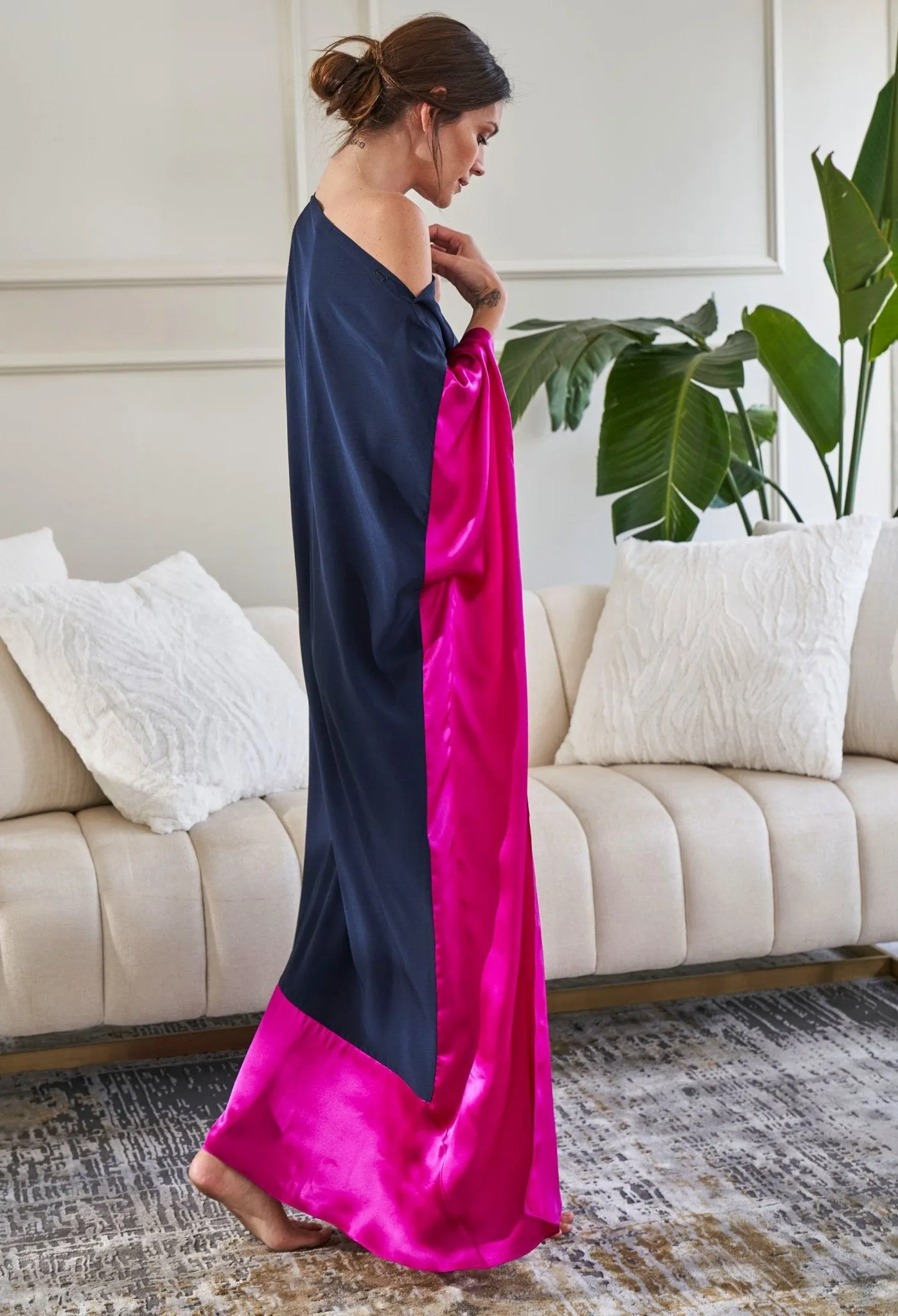 Navy and Fuchsia Boatneck Silk Caftan - Sale
