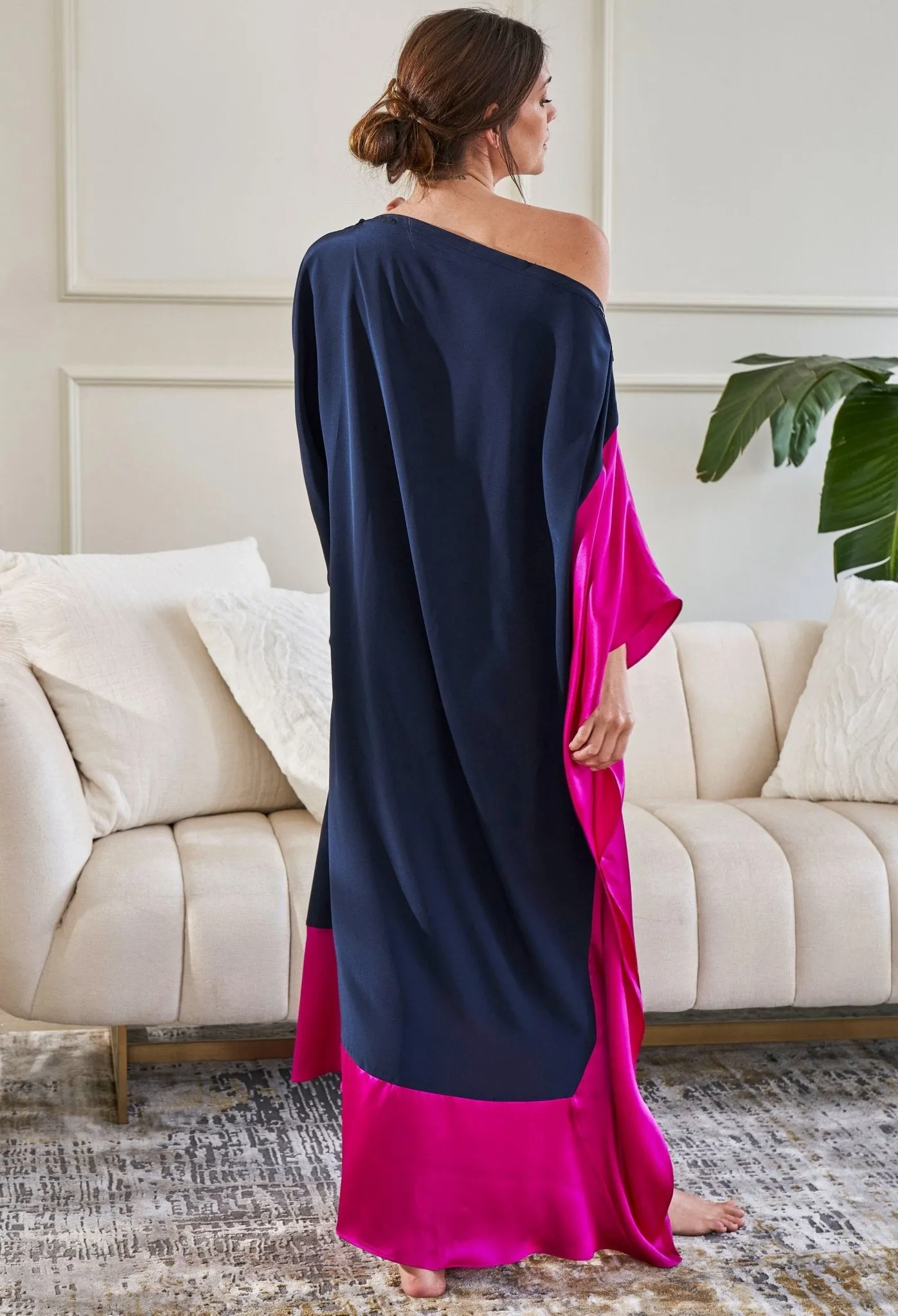 Navy and Fuchsia Boatneck Silk Caftan - Sale