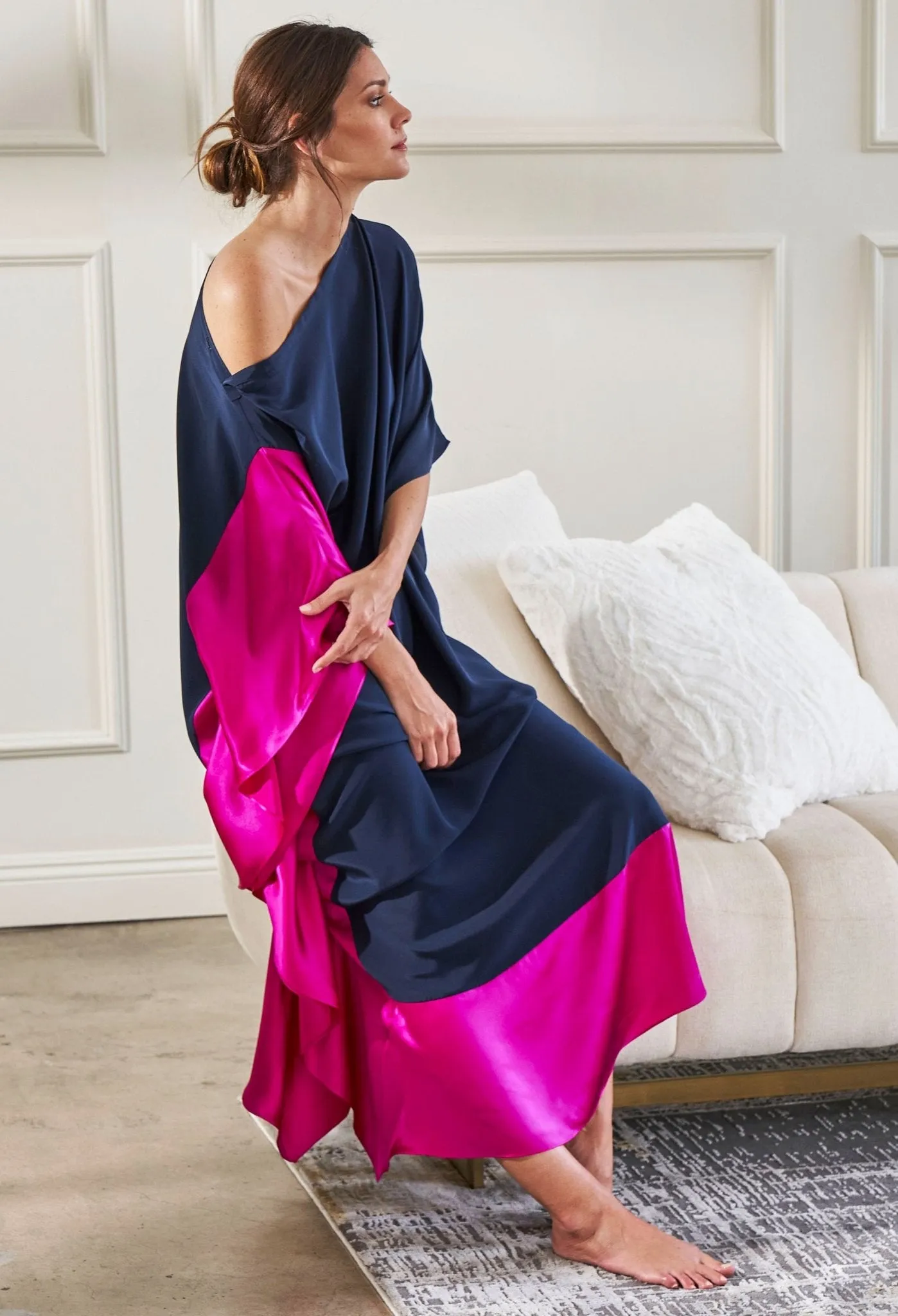 Navy and Fuchsia Boatneck Silk Caftan - Sale