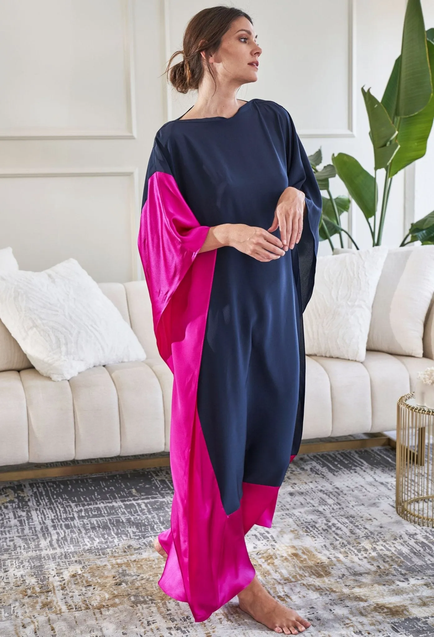 Navy and Fuchsia Boatneck Silk Caftan - Sale