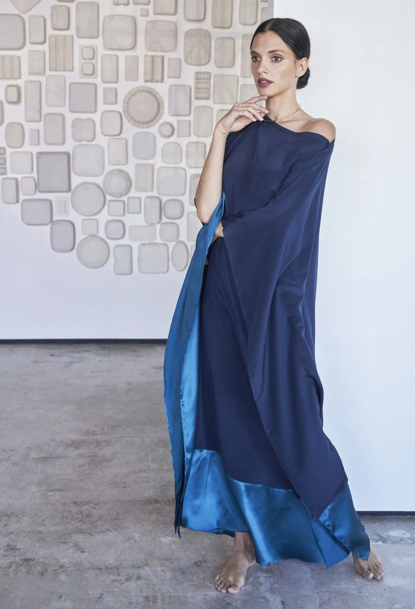 Navy and Teal Boatneck Silk Caftan - Sale