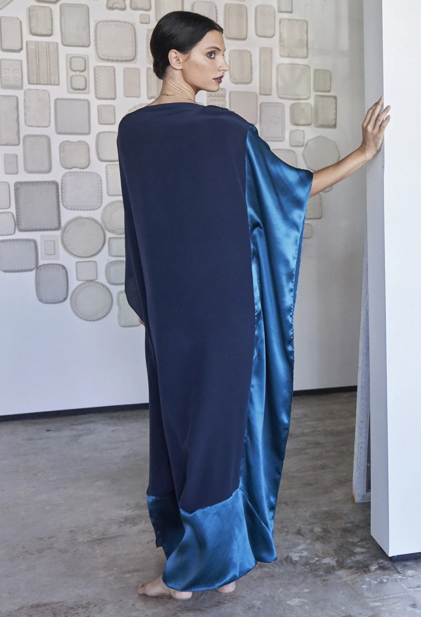Navy and Teal Boatneck Silk Caftan - Sale