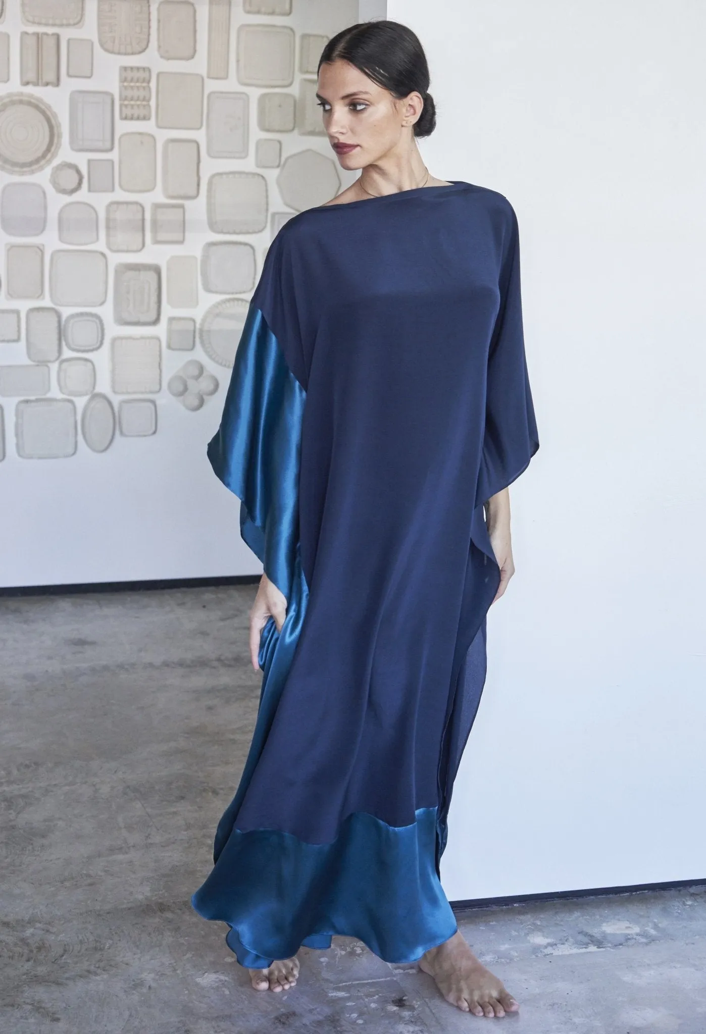 Navy and Teal Boatneck Silk Caftan - Sale