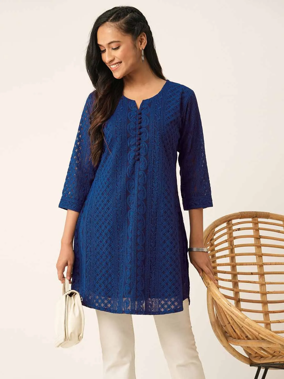 Navy Blue Paisley Embroidered Georgette Lucknowi Chikankari Thigh Length Tunic For Women - ZOLA