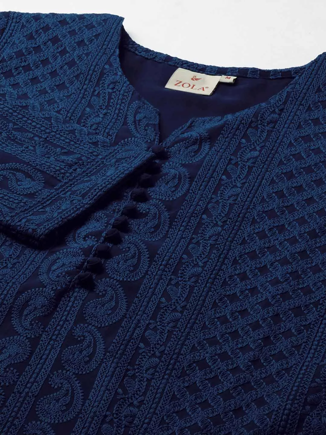Navy Blue Paisley Embroidered Georgette Lucknowi Chikankari Thigh Length Tunic For Women - ZOLA