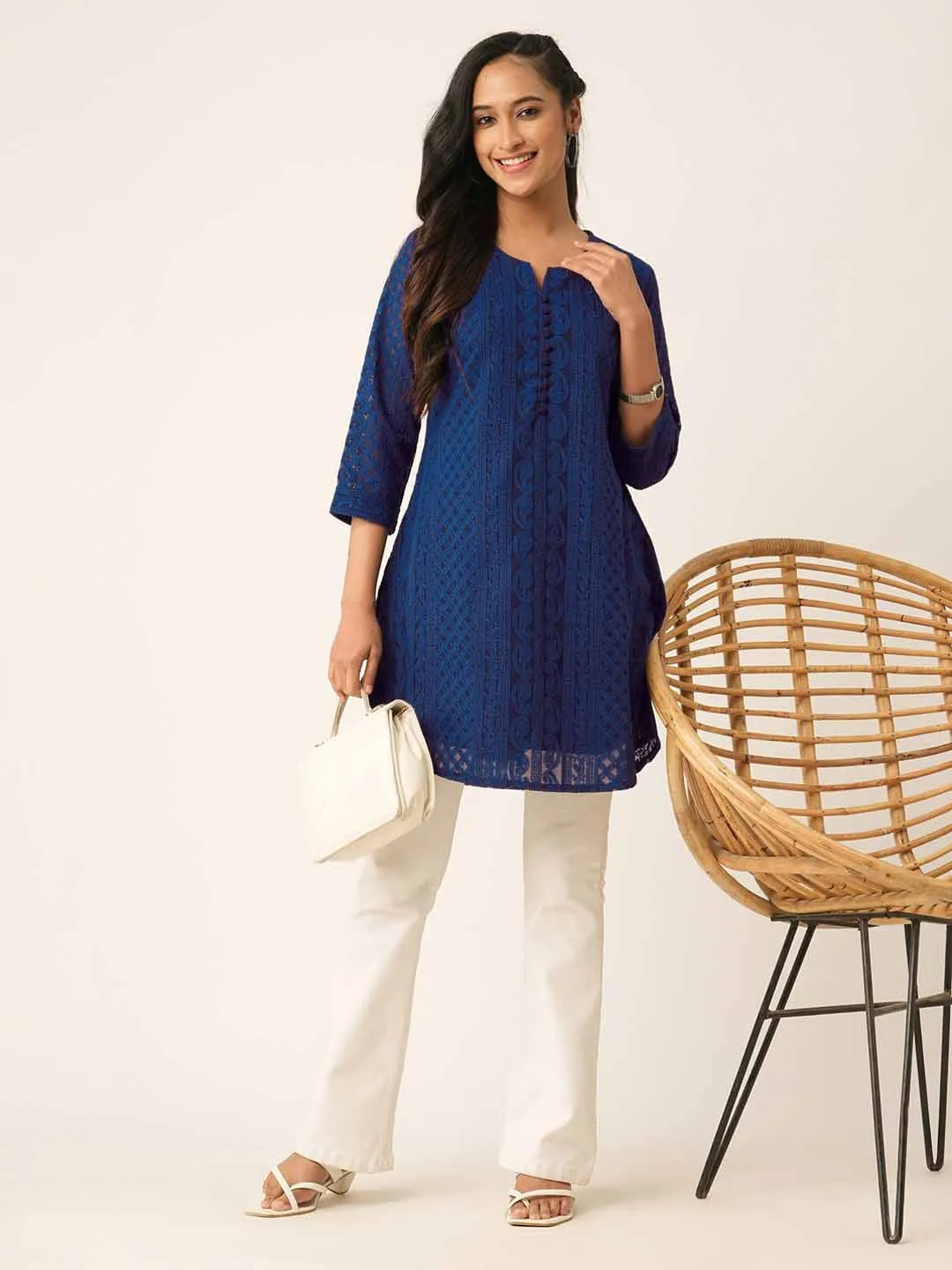 Navy Blue Paisley Embroidered Georgette Lucknowi Chikankari Thigh Length Tunic For Women - ZOLA