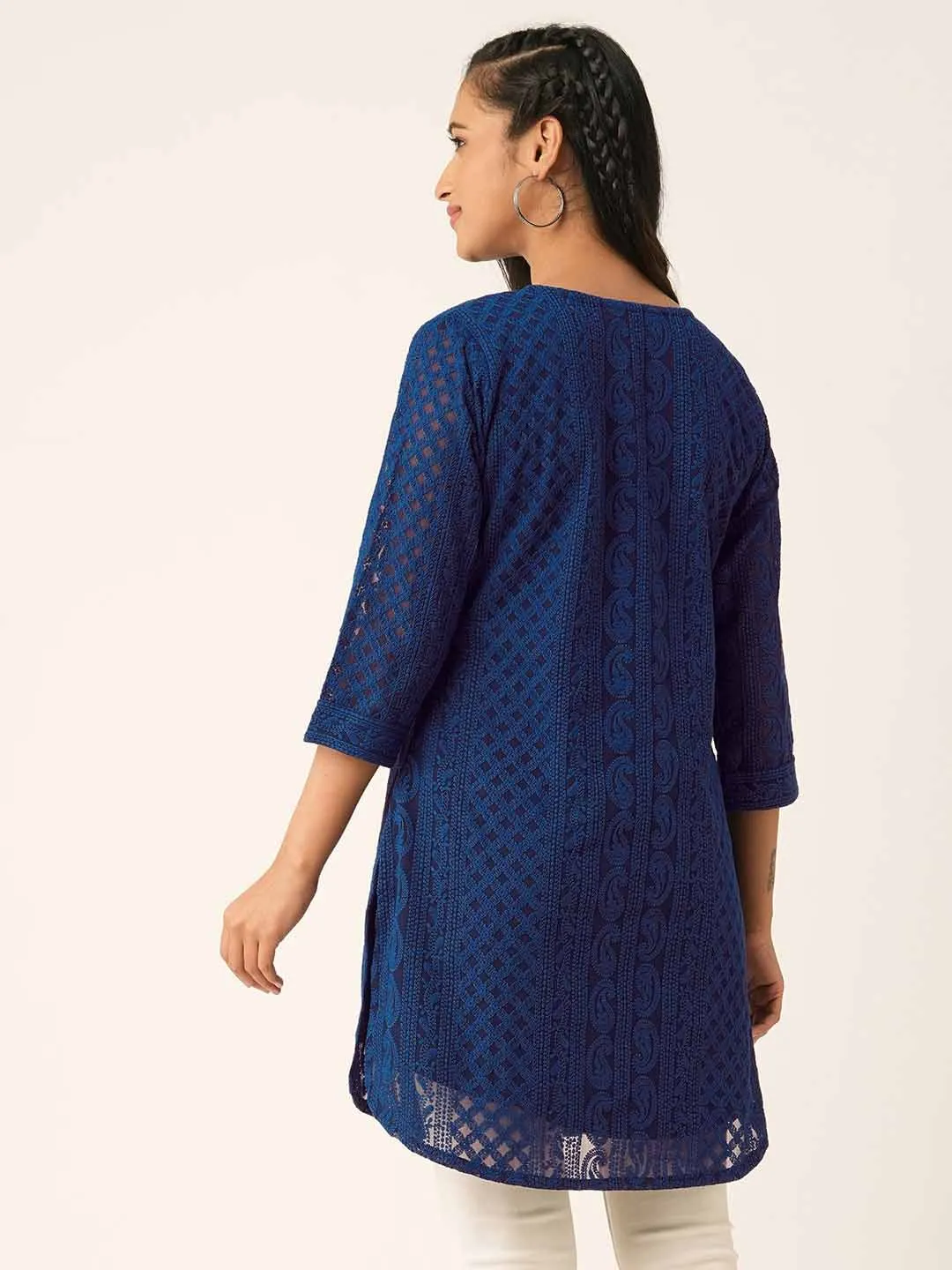 Navy Blue Paisley Embroidered Georgette Lucknowi Chikankari Thigh Length Tunic For Women - ZOLA