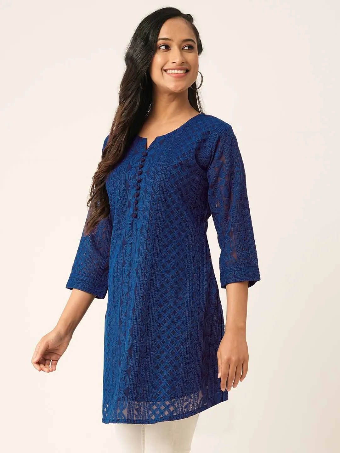 Navy Blue Paisley Embroidered Georgette Lucknowi Chikankari Thigh Length Tunic For Women - ZOLA