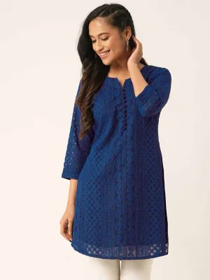 Navy Blue Paisley Embroidered Georgette Lucknowi Chikankari Thigh Length Tunic For Women - ZOLA