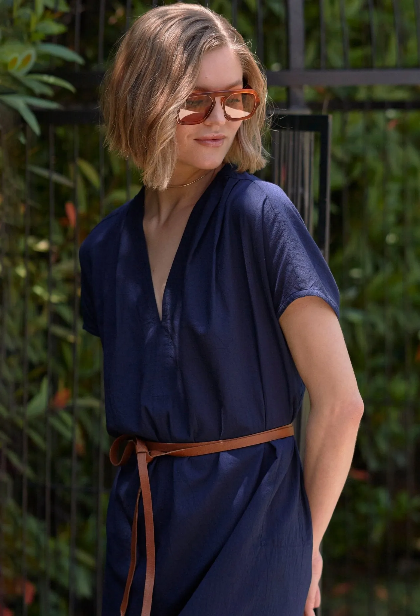 Navy Short Cap Sleeve Cotton Belted Shift Dress - Sale