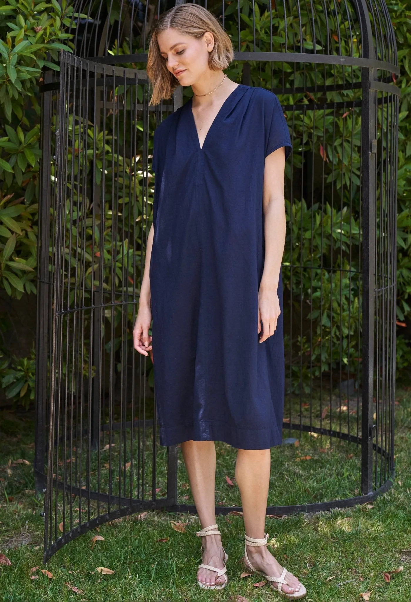 Navy Short Cap Sleeve Cotton Belted Shift Dress - Sale