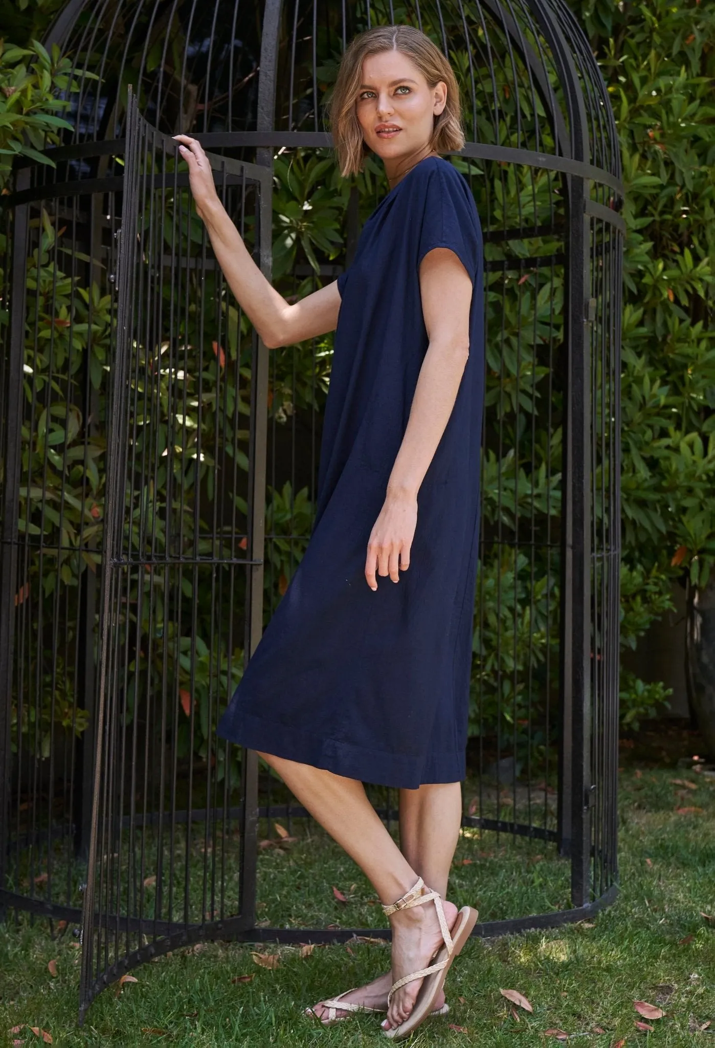 Navy Short Cap Sleeve Cotton Belted Shift Dress - Sale