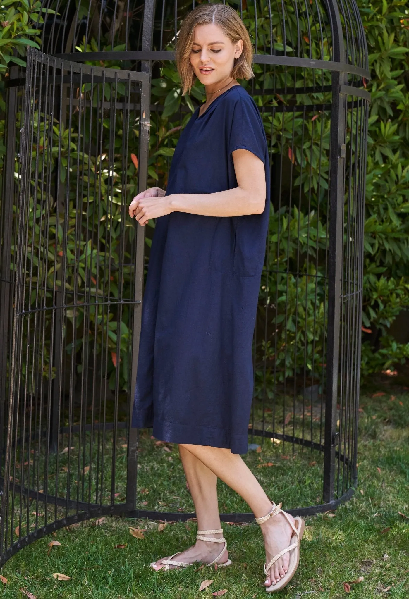 Navy Short Cap Sleeve Cotton Belted Shift Dress - Sale