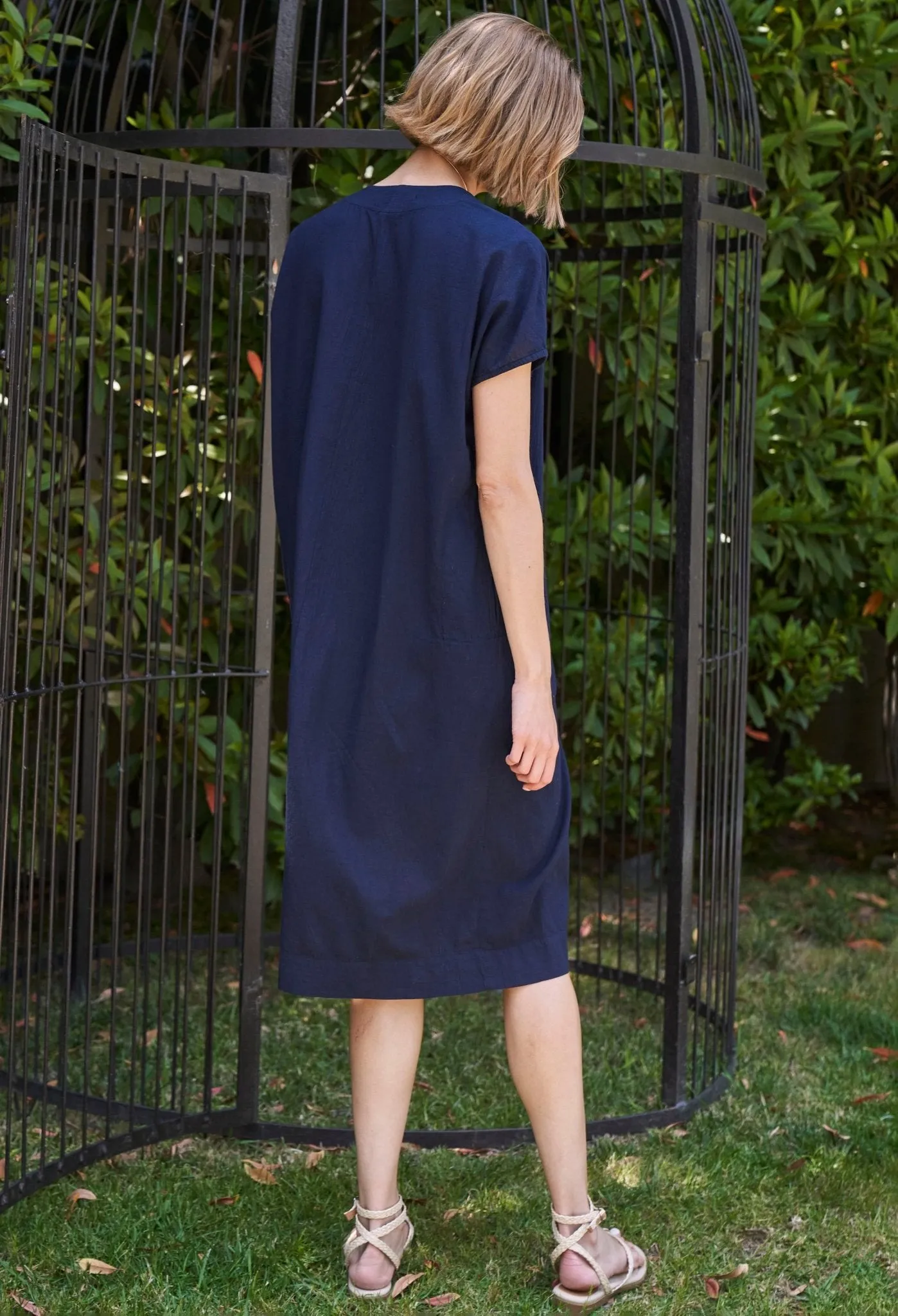 Navy Short Cap Sleeve Cotton Belted Shift Dress - Sale