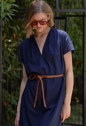 Navy Short Cap Sleeve Cotton Belted Shift Dress - Sale