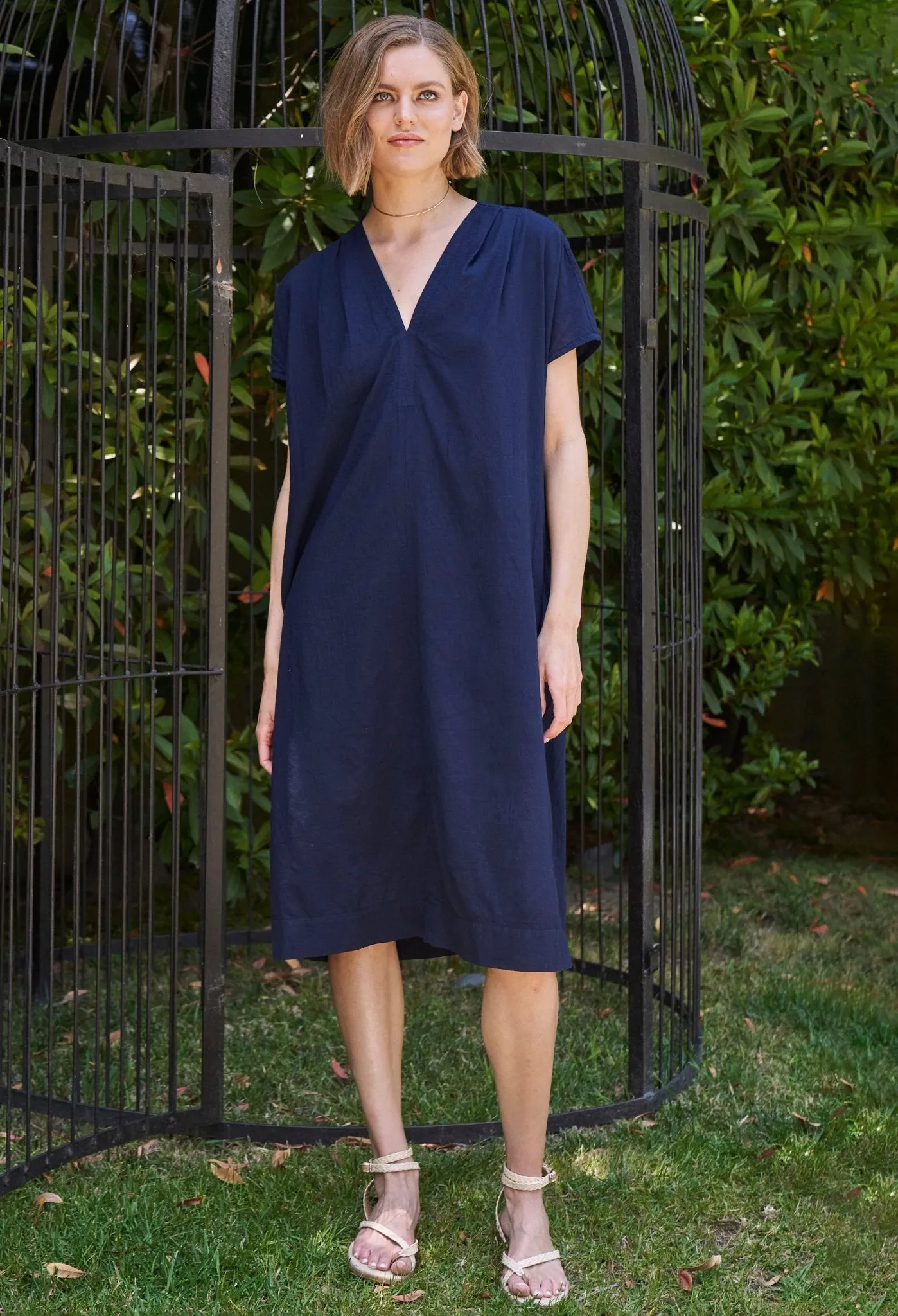 Navy Short Cap Sleeve Cotton Belted Shift Dress - Sale