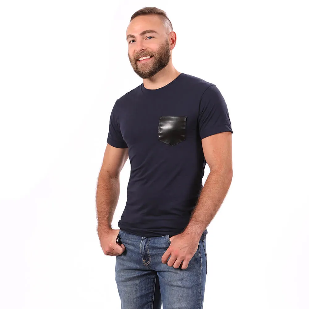 Navy with Black Faux Leather Pocket T-Shirt