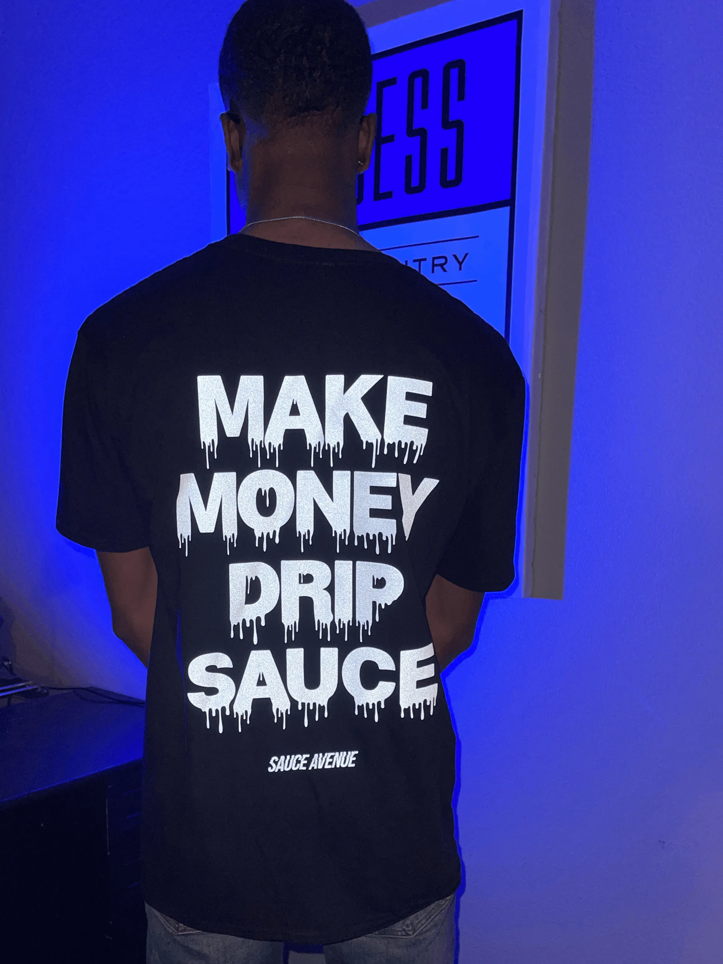 Neon Blue Reflective Make Money Drip Sauce | Black Tee
