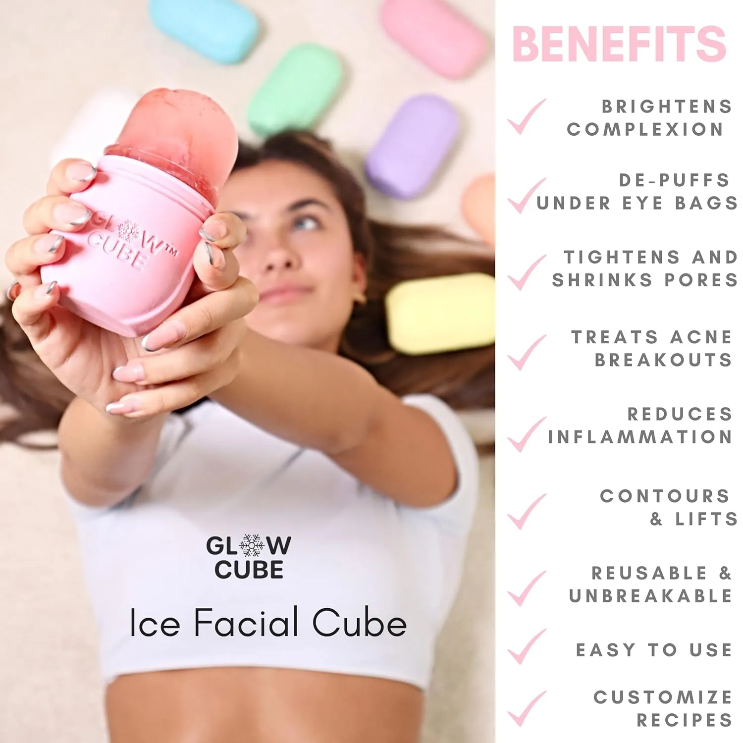 NEW Glow Cube Ice Roller For Face Eyes and Neck To Brighten Skin & Enhance Your Natural Glow/Reusable Facial Tool to Tighten & Tone Skin & De-Puff The Eye Area (Pink)