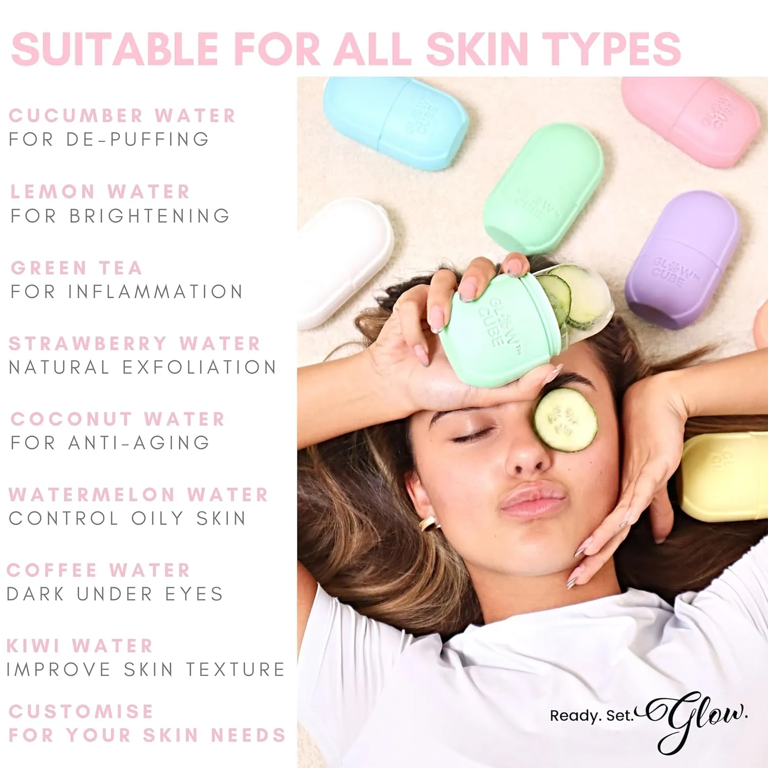 NEW Glow Cube Ice Roller For Face Eyes and Neck To Brighten Skin & Enhance Your Natural Glow/Reusable Facial Tool to Tighten & Tone Skin & De-Puff The Eye Area (Pink)