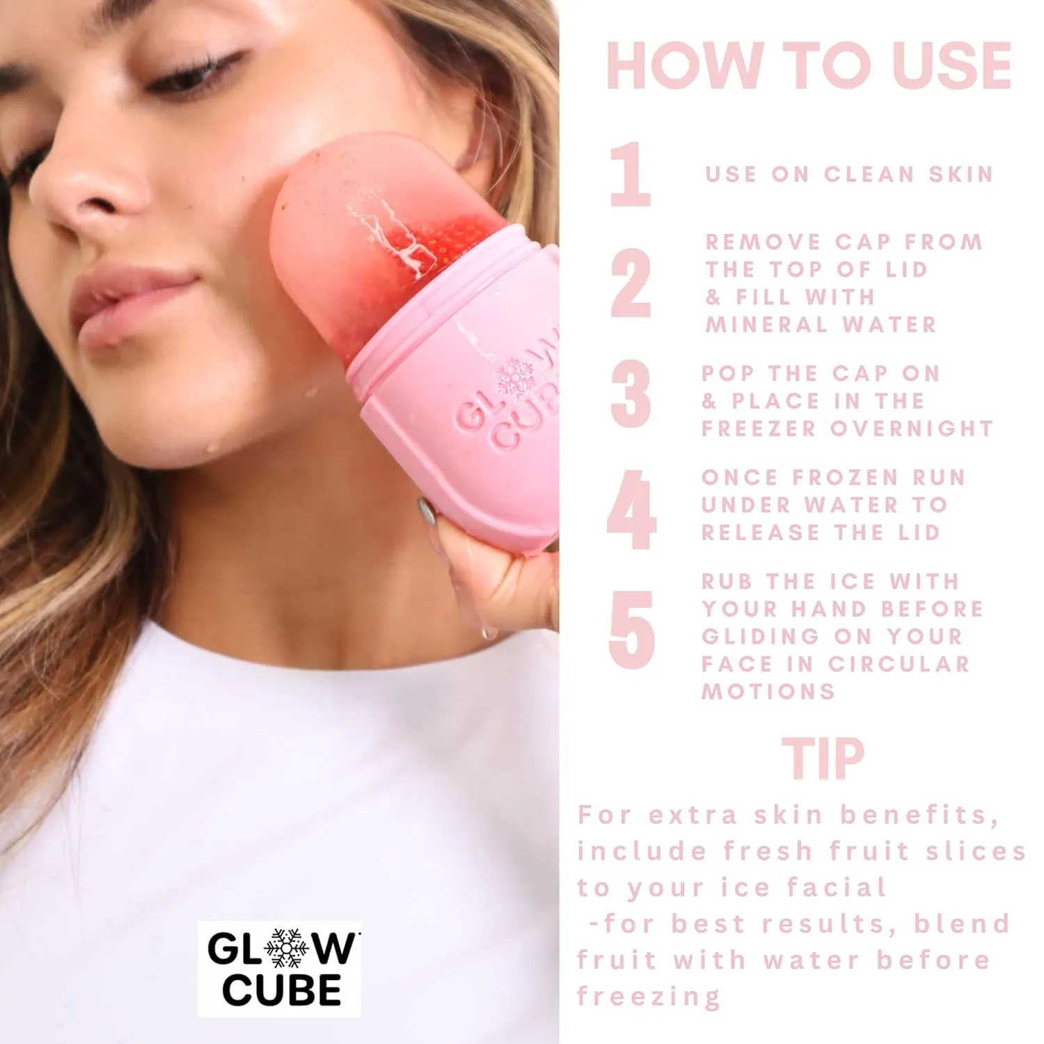 NEW Glow Cube Ice Roller For Face Eyes and Neck To Brighten Skin & Enhance Your Natural Glow/Reusable Facial Tool to Tighten & Tone Skin & De-Puff The Eye Area (Pink)