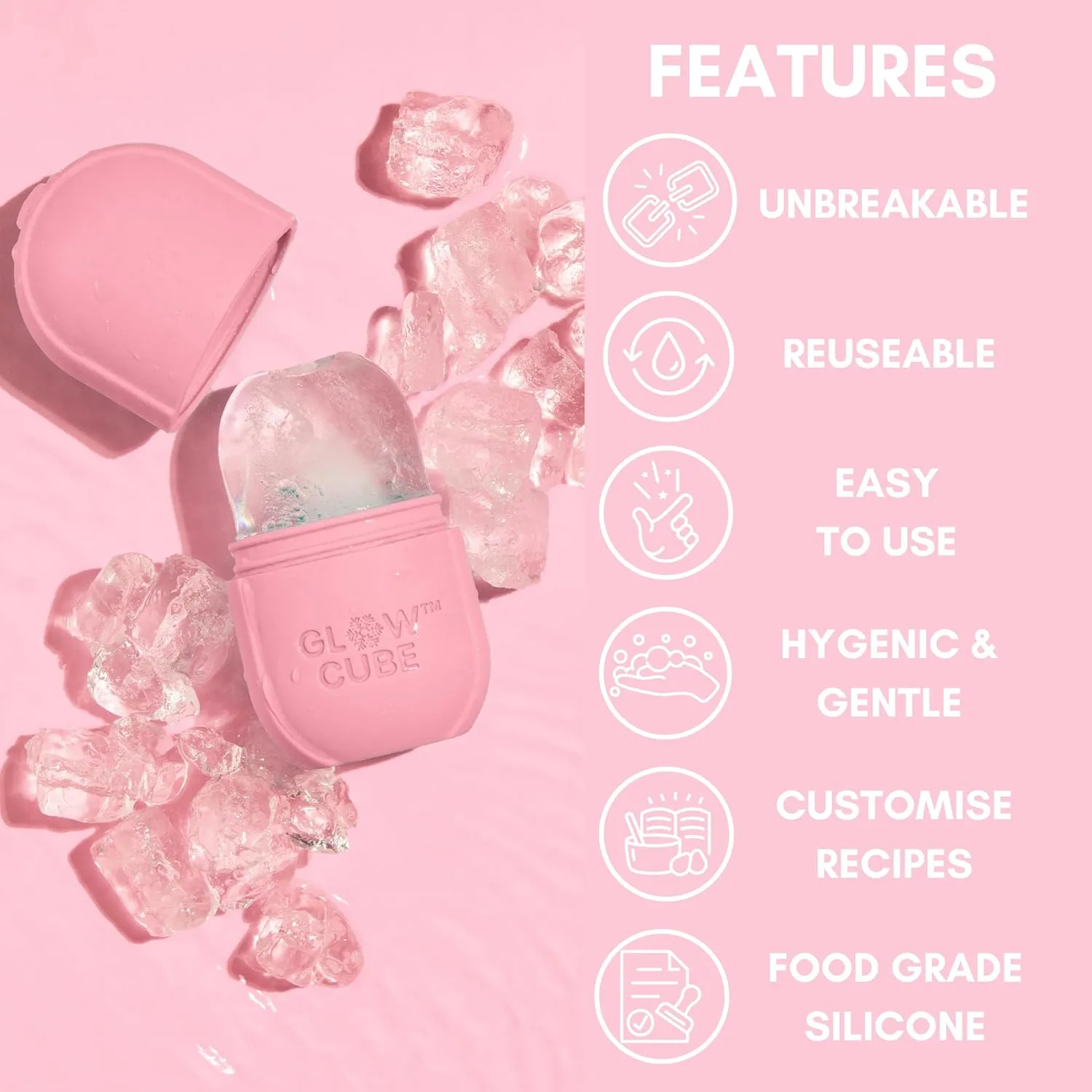 NEW Glow Cube Ice Roller For Face Eyes and Neck To Brighten Skin & Enhance Your Natural Glow/Reusable Facial Tool to Tighten & Tone Skin & De-Puff The Eye Area (Pink)