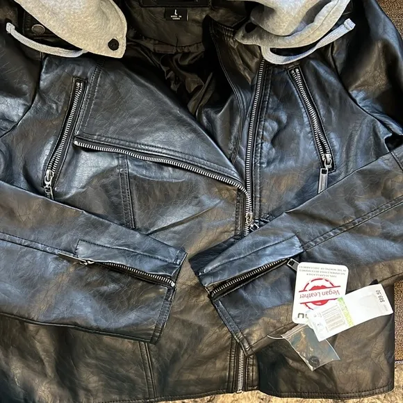 New Jou Jou Faux Leather Moto Jacket Juniors Size Large in Black with Gray Hood