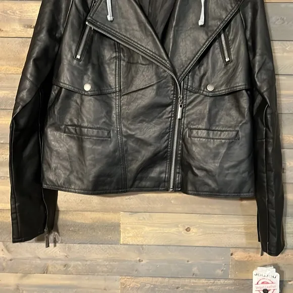 New Jou Jou Faux Leather Moto Jacket Juniors Size Large in Black with Gray Hood