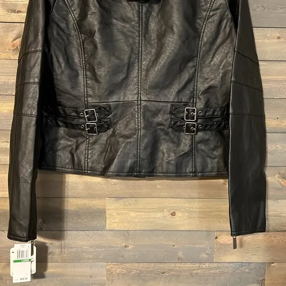 New Jou Jou Faux Leather Moto Jacket Juniors Size Large in Black with Gray Hood