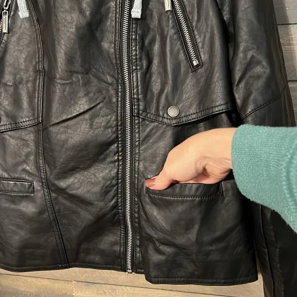 New Jou Jou Faux Leather Moto Jacket Juniors Size Large in Black with Gray Hood