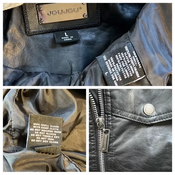 New Jou Jou Faux Leather Moto Jacket Juniors Size Large in Black with Gray Hood