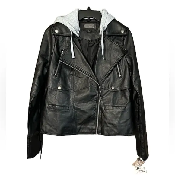 New Jou Jou Faux Leather Moto Jacket Juniors Size Large in Black with Gray Hood