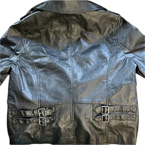 New Jou Jou Faux Leather Moto Jacket Juniors Size Large in Black with Gray Hood