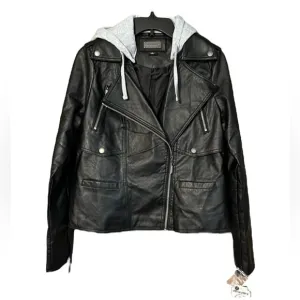 New Jou Jou Faux Leather Moto Jacket Juniors Size Large in Black with Gray Hood