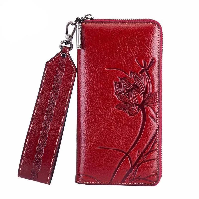 New women genuine leather wallets designer brands fashion embossing zipper long womens wallets leather clutch bags