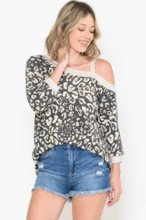 Now N Forever leopard cold shoulder 3 1/4 sleeve top