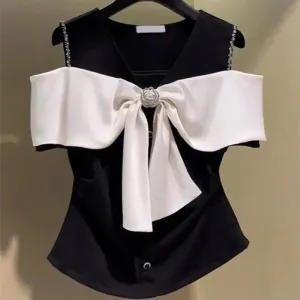Off Shoulder Color Block 3D Diamond Bow T-shirt
