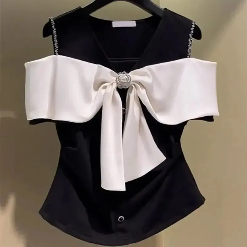 Off Shoulder Color Block 3D Diamond Bow T-shirt