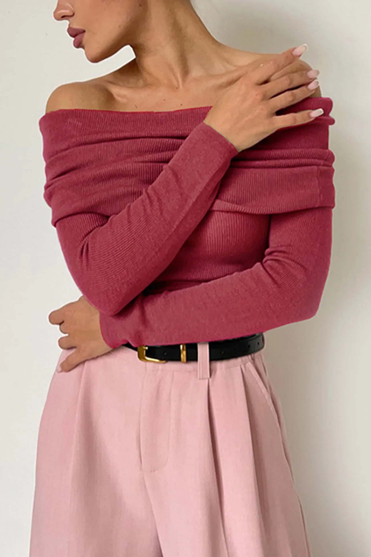 Off-shoulder Long Sleeve Knit Tops