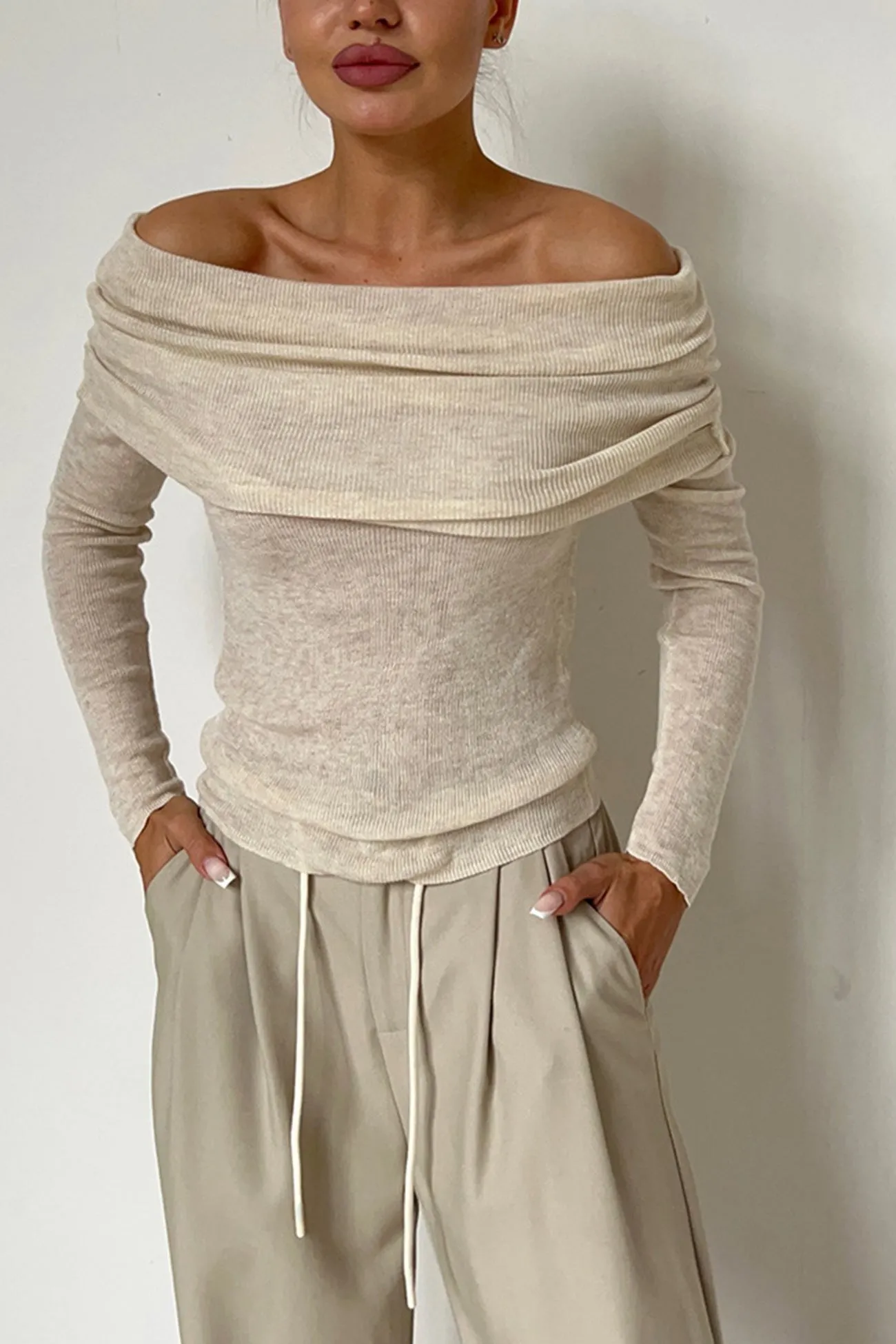 Off-shoulder Long Sleeve Knit Tops