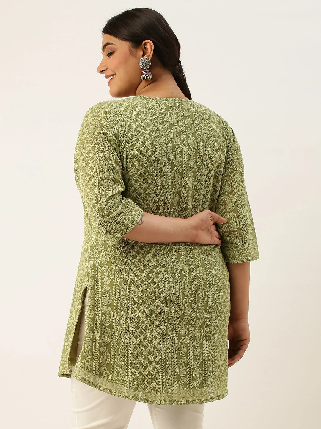 Olive Green Paisley Embroidered Georgette Lucknowi Chikankari Thigh Length Tunic For Women - ZOLA