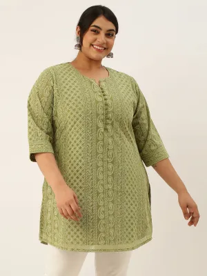 Olive Green Paisley Embroidered Georgette Lucknowi Chikankari Thigh Length Tunic For Women - ZOLA