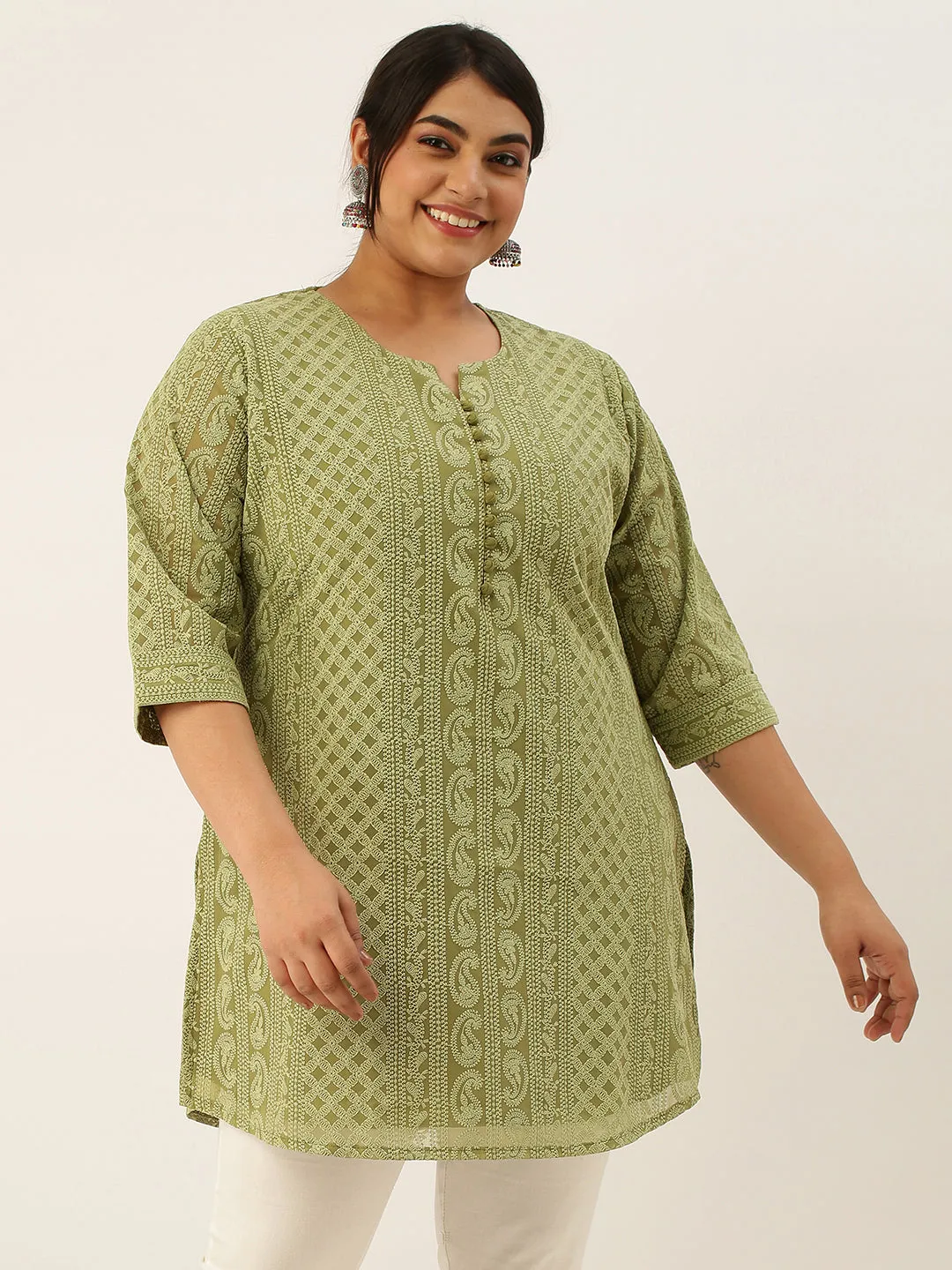 Olive Green Paisley Embroidered Georgette Lucknowi Chikankari Thigh Length Tunic For Women - ZOLA