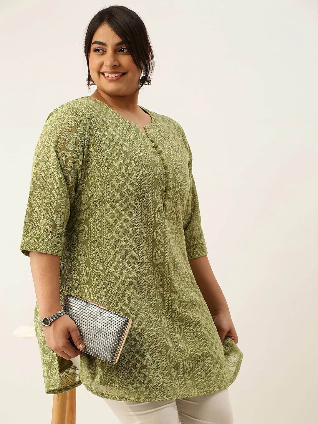 Olive Green Paisley Embroidered Georgette Lucknowi Chikankari Thigh Length Tunic For Women - ZOLA