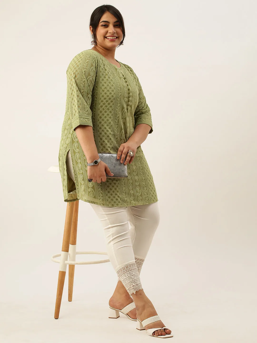 Olive Green Paisley Embroidered Georgette Lucknowi Chikankari Thigh Length Tunic For Women - ZOLA