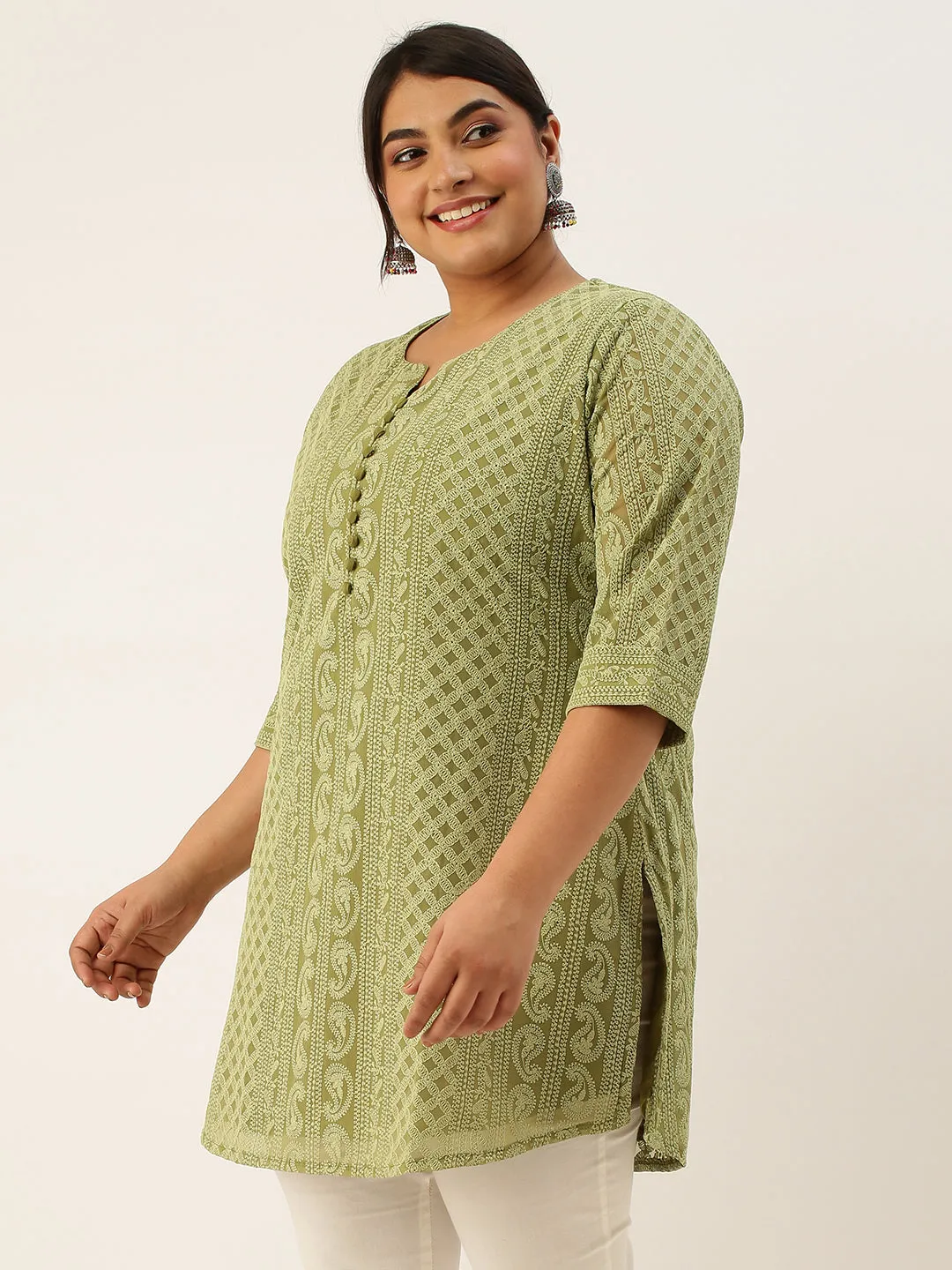 Olive Green Paisley Embroidered Georgette Lucknowi Chikankari Thigh Length Tunic For Women - ZOLA