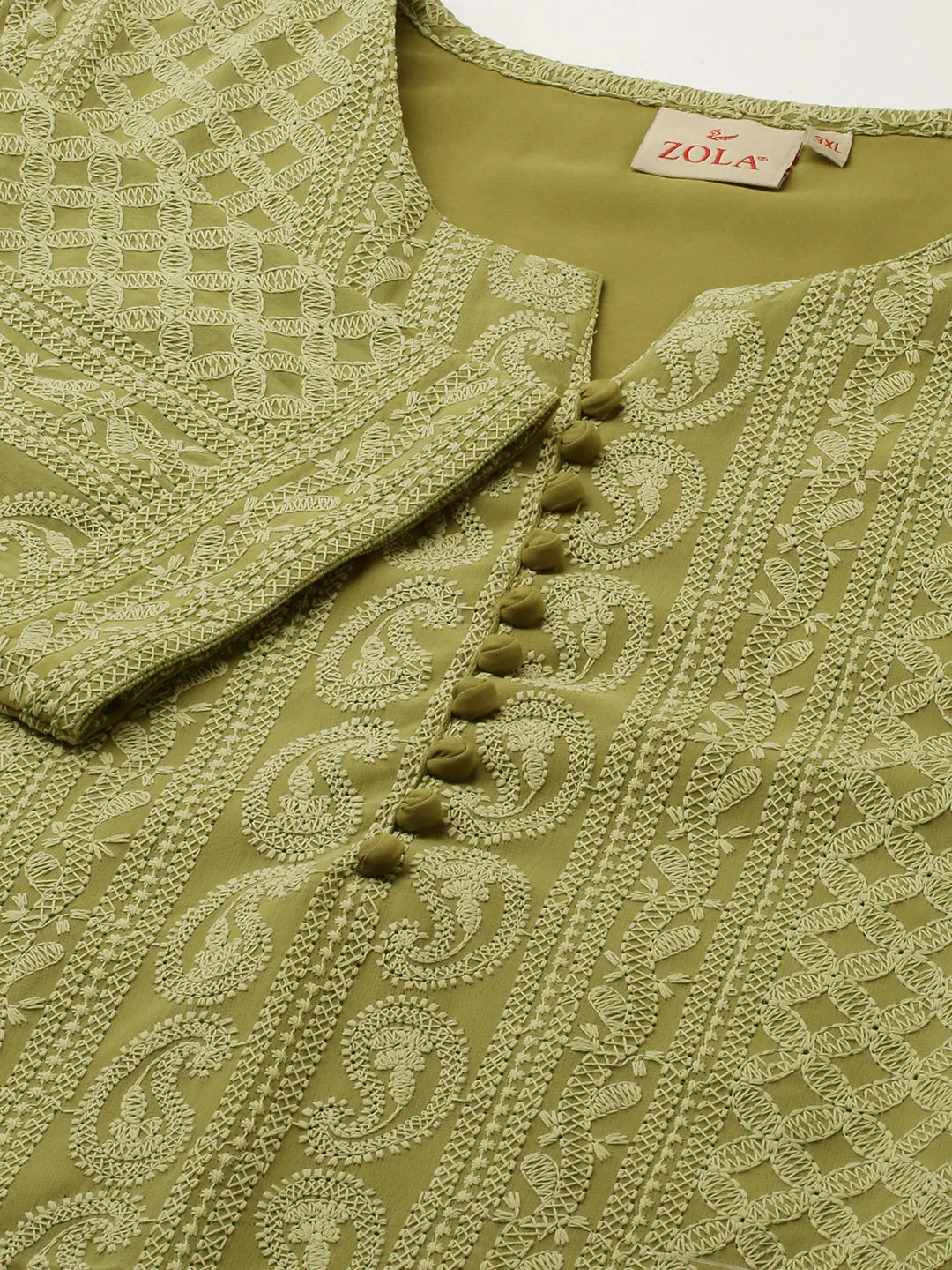 Olive Green Paisley Embroidered Georgette Lucknowi Chikankari Thigh Length Tunic For Women - ZOLA