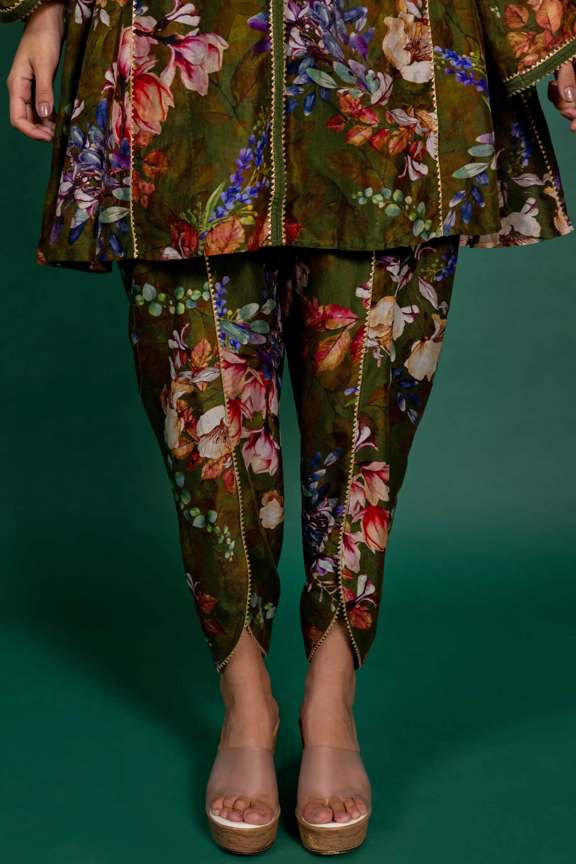 Olive green printed tunic with pants